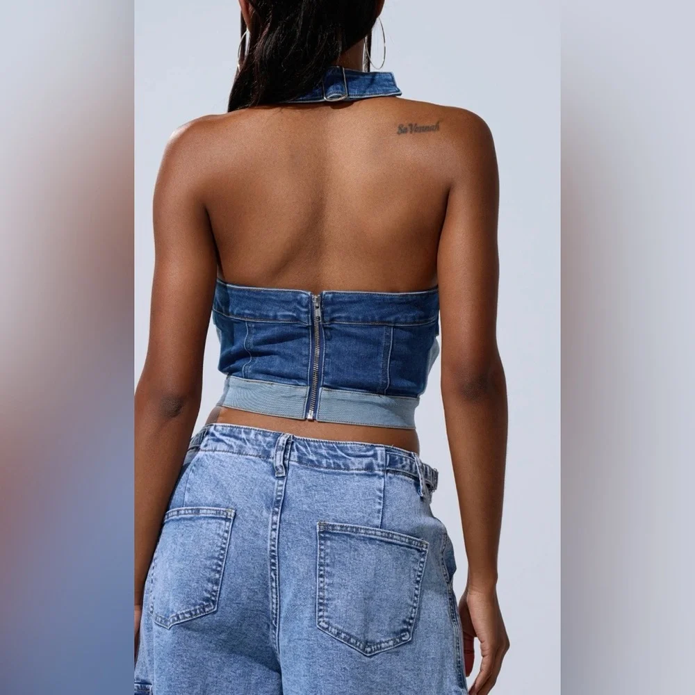NWT AKIRA Stylish Blue Denim patchwork halter top size XL - Picture 3 of 4